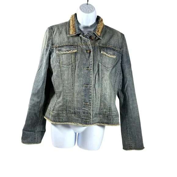 Elie Tahari Womens Beaded Collar Denim Jacket Floral Lining Button Front Size L - Picture 5 of 16